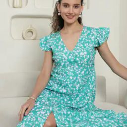 Shein Casual Floral Print Cap Sleeves Slit Hem Midi Length A-line Dress-image-67