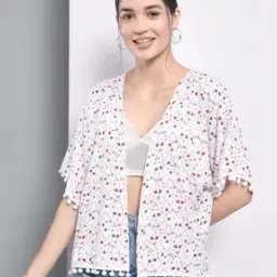 Floral Print Shrug with Pom-Pom Trims-30