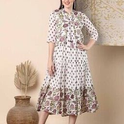 Ethnic Floral Printed Cotton A-Line Pleated Maxi Dress with Short Jacket-image-6