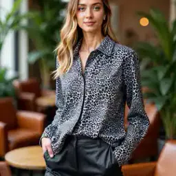 Shein Leopard Print Medium Length Stylised Sleeves Spread Collar Full-length Sleeve Hem Shirt-picture-21