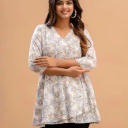 Floral Print V-Neck Angrakha Kurti-image-94