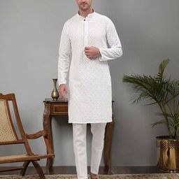 Embroidered Long Kurta with Mandarin Collar-image-2