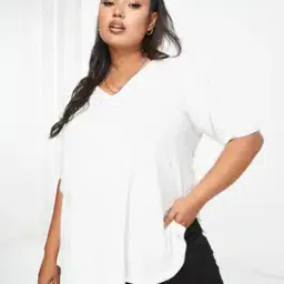 Women Curve Ribbed Oversized V-Neck T-Shirt-image-22