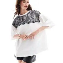 Women Oversized Round-Neck T-Shirt with Contrast Lace Detail-image-99
