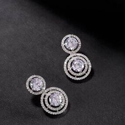 Rhodium-Plated American Diamond Circular Drop Earrings-image-6