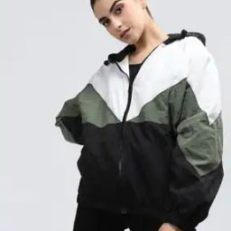 Women Colourblock Zip-Front Hooded Jacket-53