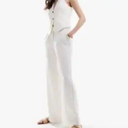 High-Waist Seam Detail Tailored Wide-Leg Linen Trousers-image-38
