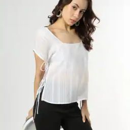 Women Striped Relaxed Fit Top with Side Seam Tie-up-image-70