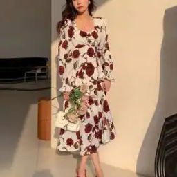 Women Floral Print A-Line Dress with Cuff Sleeves -image-107
