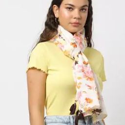 Women Floral Print Scarf with Tassels-12