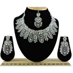 Women Silver-Plated Stone-Studded Necklace & Earrings with Mangtika Set-image-83