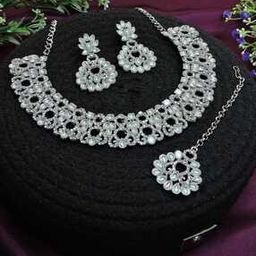Women Silver-Plated Stone-Studded Necklace with Earrings & Mang Tikka Set-26