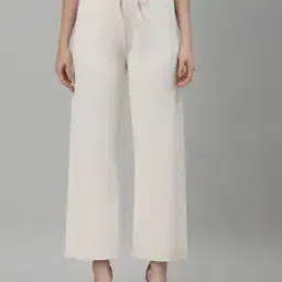 Women Ribbed Flat-Front Trousers with Drawstring Waist-image-4