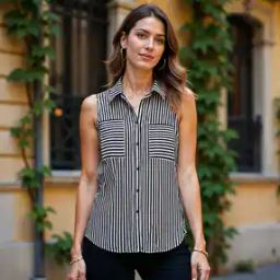 Shein Front Pocket Pattern Medium Length Spread Collar Sleeveless Curved Hem Shirt-picture-32