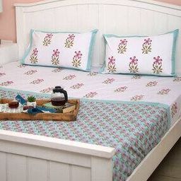 Handblock Printed Cotton King Bedsheet with Reversible Pillow Covers-36