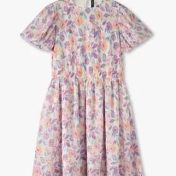 Girls Floral Print Round-Neck Fit & Flare Dress-image-56