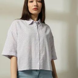 Women Striped Drop-Shoulder Seersucker Shirt-image-95