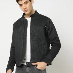 Men Regular Fit Denim Biker Jacket-image-57