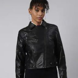 Women Zip-Front Biker Jacket with Full Sleeves-image-1
