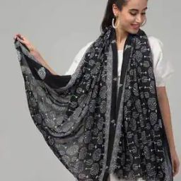 Women Block Print Scarf with Frayed Hem-image-31