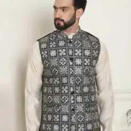 Men Regular Fit Embroidery Nehru Jacket-image-2