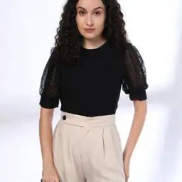 Women Relaxed Fit Round-Neck T-Shirt with Puff Sleeves-image-105