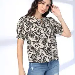 Women Leaf Print Relaxed Fit Top-image-36