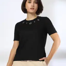 Women Ribbed Slim Fit Crew-Neck T-Shirt with Front Rhin-image-26