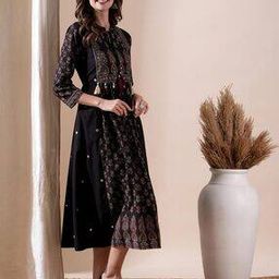 Floral Block Print Mirror Embroidered Tasseled Cotton A-Line Midi Dress-1