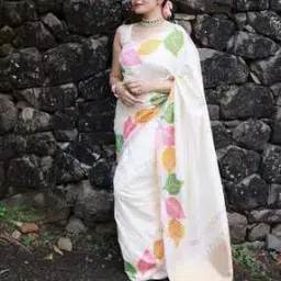 Leaf Print Saree with Contrast Zari Border-image-61