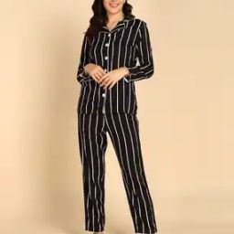 Women Striped Woven Top & Pyjamas Set-image-44
