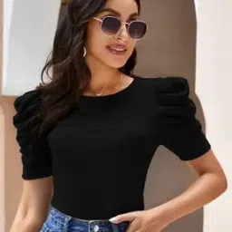 Women Regular Fit Top with Puff Sleeves-image-1