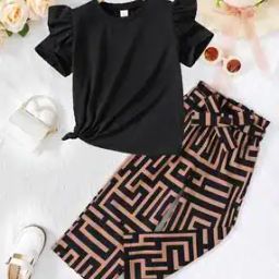 Girls Geometric Print Pants with Waist Belt & Top Set-1