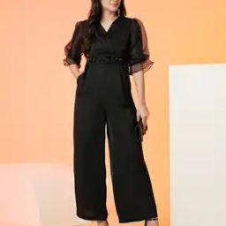 Women Floral Applique Waist Wrap Neck Puffed Sleeves Party Jumpsuit-image-7