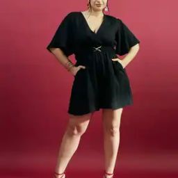 Women V-Neck Playsuit with Insert Pockets-image-2