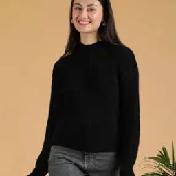Women High Neck Black Sweaters-image-4