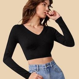 Ribbed V-Neck Top with Full Sleeves-picture-22