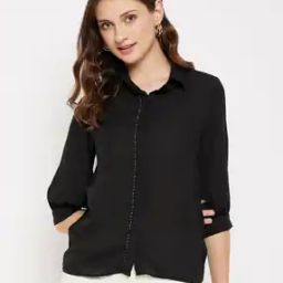 Spared-Collar Shirt with Cuffed Sleeves-image-85