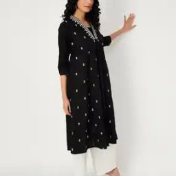 Embroidered V-Neck A-Line Kurta-image-36