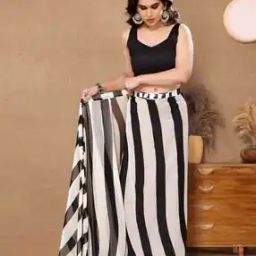 Women Striped Pre-Stitched Georgette Saree-image-61