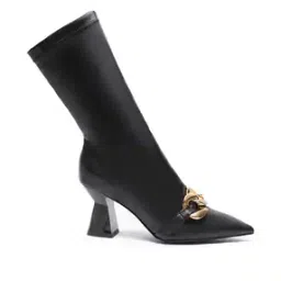 Pointed-Toe Mid-Calf Length Slip-On Boots with Metal Accent-image-59