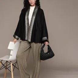 Women Loose Fit Wool Shrug with Patch Pockets-picture-1