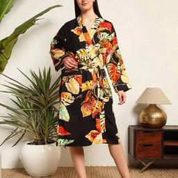 Women Leaf Printed Cotton Bath Robe With Belt-52