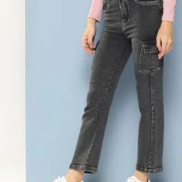 Girls Lightly-Washed Straight Jeans with Cargo Pockets-image-64