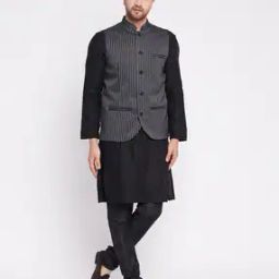 Striped Nehru Jacket with Patch Pockets-5
