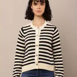 Women Striped Round-Neck Cardigan-image-58