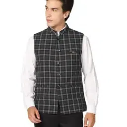 Mandarin Collared Checked Nehru jacket-image-12