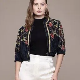 Women Floral Embroidered Relaxed Fit Crop Jacket-image-46