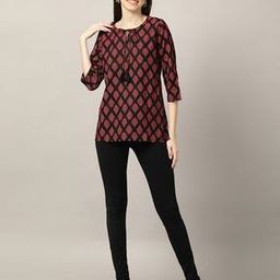 Women Leaf Print Straight Tunic with Tie-Up Neck-image-37