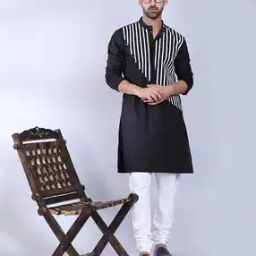 Striped Kurta with Mandarin Collar-image-2